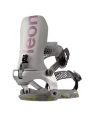 Gray snowboard binding with pink 'leon' branding, showing highback and adjustable straps